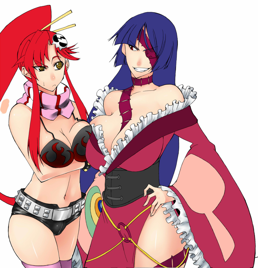 2_girls 2girls adiane bike_shorts blue_hair bracelet breast_envy breast_press breasts caw=zoo cleavage corset eyepatch female female_only frills frown huge_breasts japanese_clothes kimono long_hair navel ponytail red_eyes red_hair scarf short_shorts shorts skull_hair_ornament smile symmetrical_docking tattoo teeth tengen_toppa_gurren-lagann thighhighs yellow_eyes yoko_littner