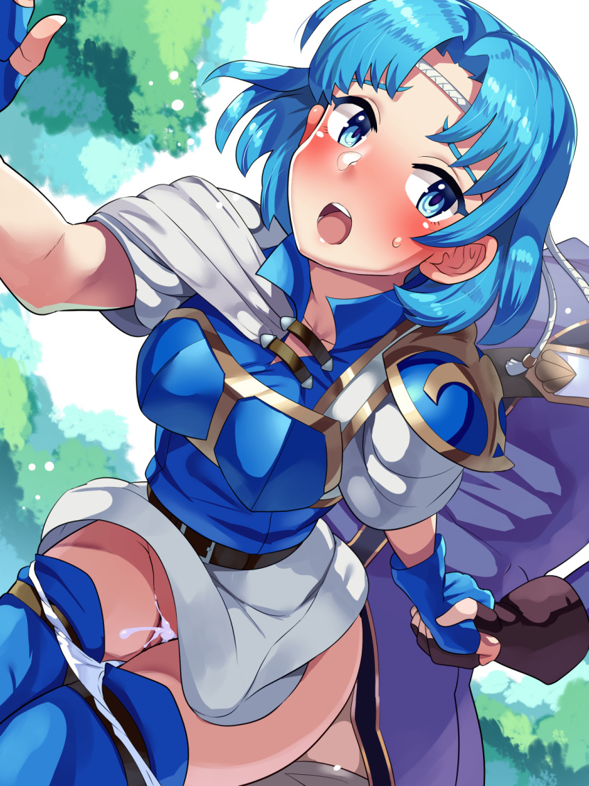 1girl blue_eyes blue_hair blush boris_(noborhys) clothed cum cum_inside fire_emblem from_behind open_mouth panties panties_around_thighs panties_down sex shanna_(fire_emblem) straight