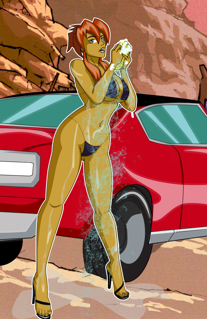 big_breasts bikini breasts car_wash grimphantom grimphantom_(artist) kiva kiva_andru legs megas_xlr solo swimsuit wet