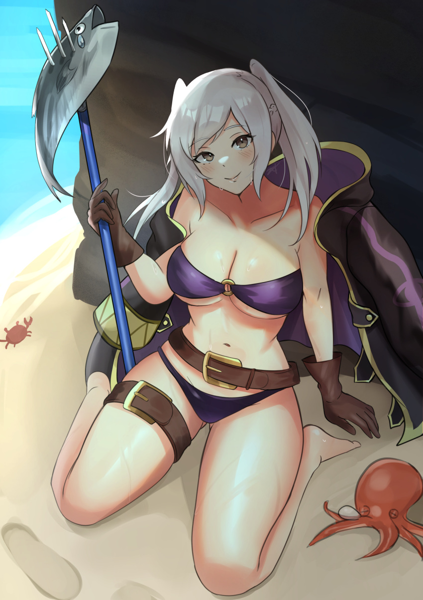 1girl 1girl 1girl alluring alternate_costume ass_visible_through_thighs beach belt bikini cleavage coat fire_emblem fire_emblem_awakening fire_emblem_heroes fish gloves grey_hair nintendo o-ring o-ring_bikini octopus official_alternate_costume purple_bikini purple_swimsuit redraw robin_(fire_emblem) robin_(fire_emblem)_(female) sand silver_hair swimsuit thigh_belt trident twin_tails zet_(twt_zet)