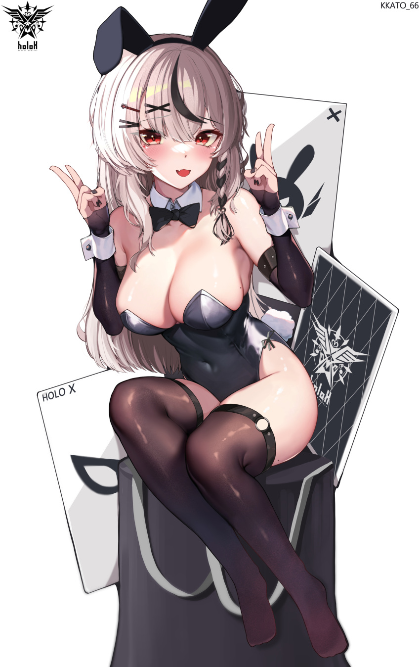 1girl :3 absurd_res alternate_costume bare_shoulders big_breasts black_bow black_bowtie black_hair black_leotard black_nails black_thighhighs blush bow bowtie breasts bunnysuit card cleavage double_v fang full_body grey_hair hair_ornament high_res hololive kkato legs leotard looking_at_viewer medium_hair multicolored_hair no_shoes playboy_bunny red_eyes sakamata_chloe stockings streaked_hair v virtual_youtuber x_hair_ornament