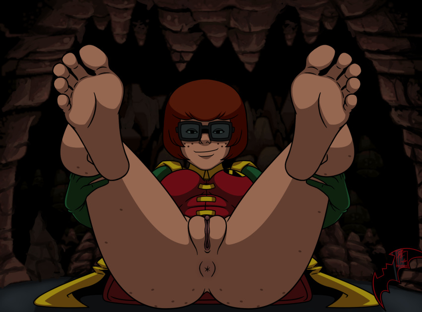 barefoot batman_(series) bottomless cape cosplay crossover dc dc_comics freckles glasses gloves legs_up looking_at_viewer pussy retrofaptor robin robin_(cosplay) scooby-doo spread_legs velma_dinkley