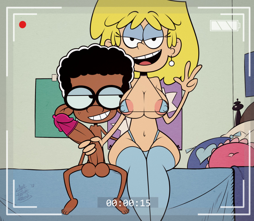 1boy 1girl bed big_breasts bikini black_eyes black_hair blonde_hair captainjerkpants clyde_mcbride condom dark-skinned_male glasses interracial looking_at_another looking_at_viewer lori_loud nipples penis pillow short_hair smile the_loud_house