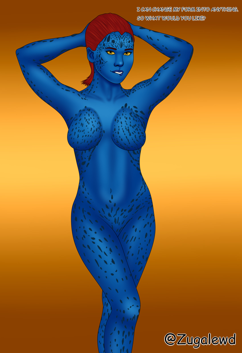 big_breasts blue_skin commission looking_at_viewer mutant mystique nude_female raven_darkholme red_hair shapeshifter thicc x-men x-men:_first_class yellow_eyes zugalewd zugalov