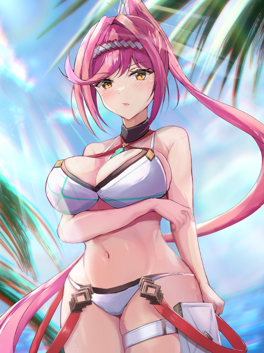 1girl alluring beach big_breasts bikini clouds core_crystal glimmer_(xenoblade) hairband karuushi looking_at_viewer midriff navel nintendo ocean outside pink_hair ponytail sky swimsuit thigh_pouch thigh_strap water white_bikini white_swimsuit xenoblade_(series) xenoblade_chronicles_3 yellow_eyes