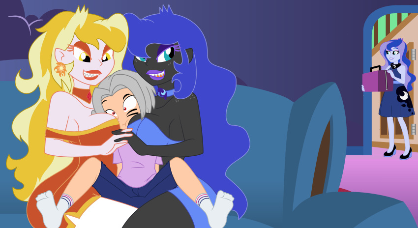 1boy 3_girls bedroom_eyes blonde_hair blue_eyes blue_hair daybreaker earrings equestria_girls evil_clone evil_smile evil_twin evilfrenzy facial_mark fangs grey_hair horny horny_women hugging humanized long_hair milf multicolored_hair my_little_pony nightmare_moon orange_eyes original_character princess_celestia princess_luna sexy_ass sexy_body sexy_breasts size_difference smile take_your_pick yellow_eyes you_gonna_get_raped