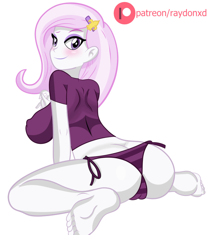 1_girl 1girl barefoot big_breasts blush breasts equestria_girls female female_only fleur_de_lis fleur_de_lis_(mlp) friendship_is_magic horizontal-striped_panties horizontal_stripes long_hair looking_at_viewer my_little_pony panties partially_clothed raydonxd side-tie_panties sideboob solo striped_panties white_background