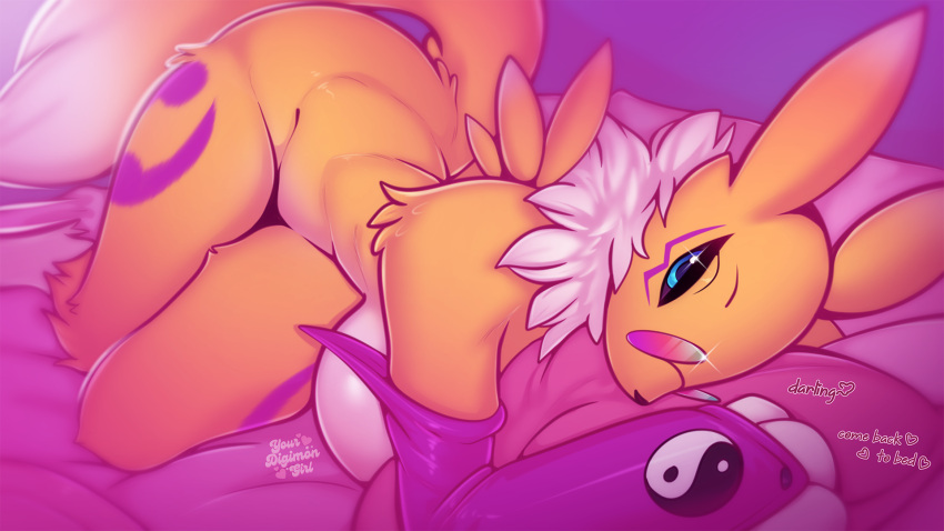 16:9 1girl 1girl 2022 anthro ass bandai_namco bed bedroom_eyes big_ass big_breasts black_sclera blue_eyes breasts dialogue digimon digimon_(species) dipstick_tail fur furniture high_res lying markings narrowed_eyes neck_tuft nude on_bed on_side renamon seductive tail_markings text tuft widescreen yellow_body yellow_fur yourdigimongirl