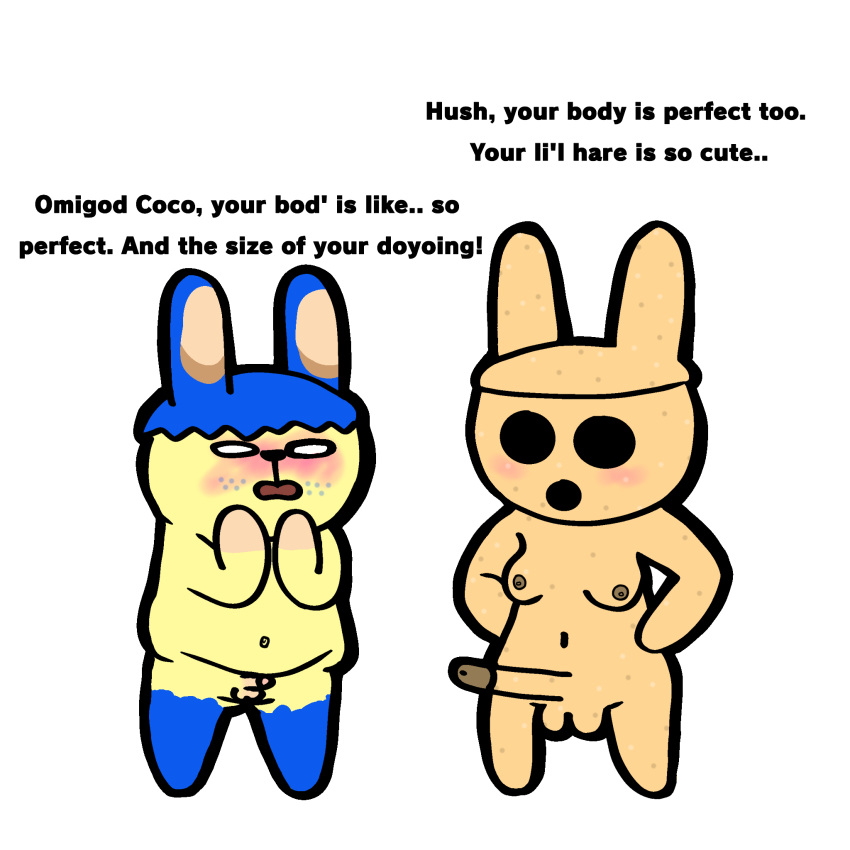 2futas animal_crossing blush body_positivity bunny_ears chubby coco_(animal_crossing) duo futanari large_penis medium_breasts micropenis nintendo penis_size_difference pippy_(animal_crossing) rabbit small_penis small_penis_adoration tiny_penis