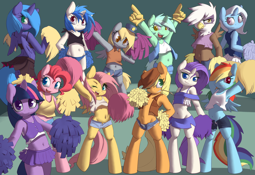 2013 applejack_(mlp) avian beak blonde_hair blue_eyes blue_fur blue_hair brown_fur cheerleader clothing cowboy_hat derp_eyes derpy_hooves equine female fluttershy_(mlp) foam_finger freckles friendship_is_magic gilda green_eyes green_fur grey_fur group gryphon hair hat hay horn horse kevinsano lyra lyra_heartstrings multicolored_hair multiple_girls my_little_pony navel one_eye_closed open_mouth orange_fur pegasus pink_fur pink_hair pinkie_pie_(mlp) pom_poms pony princess_luna purple_eyes purple_fur purple_hair rainbow_dash_(mlp) rainbow_hair rarity_(mlp) red_eyes shirt shorts skimpy skirt smile smitty_g smittyg standing tank_top teeth tongue trixie twilight_sparkle_(mlp) unicorn vinyl_scratch white_fur white_hair winged_unicorn wings wink yellow_eyes yellow_fur