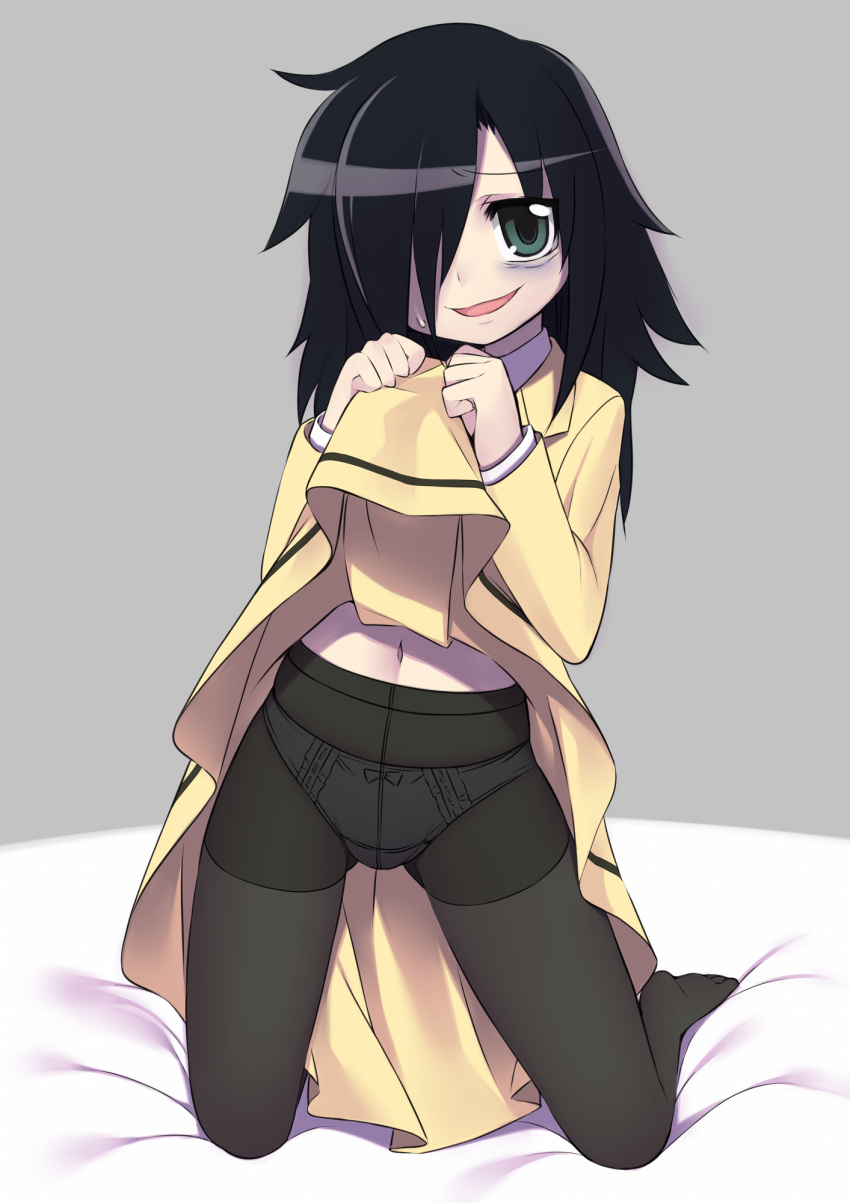 1girl bags_under_eyes black_hair black_legwear crotch_seam full_body green_eyes hair_over_one_eye high_res highres kamitsurugi_ouka kuroki_tomoko long_hair navel open_mouth panties panties_under_pantyhose pantyhose school_uniform skirt skirt_lift smile solo sweat underwear upskirt watashi_ga_motenai_no_wa_dou_kangaetemo_omaera_ga_warui!