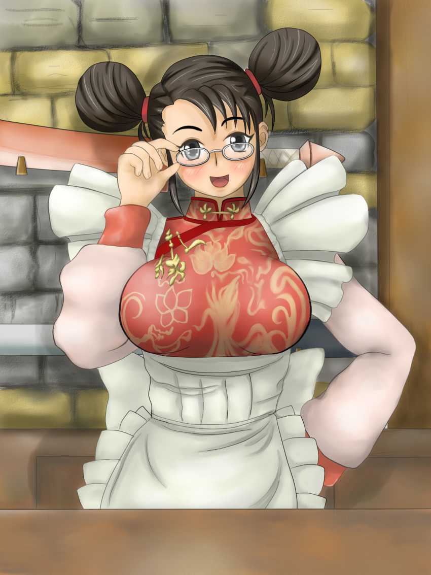 1girl 1girl apron bandai_namco black_eyes blush breasts brown_hair china_dress chinese_clothes double_bun dress female_focus galguizer glasses high_res hualin long_hair namco namco_bandai open_mouth soul_calibur soulcalibur soulcalibur_iii