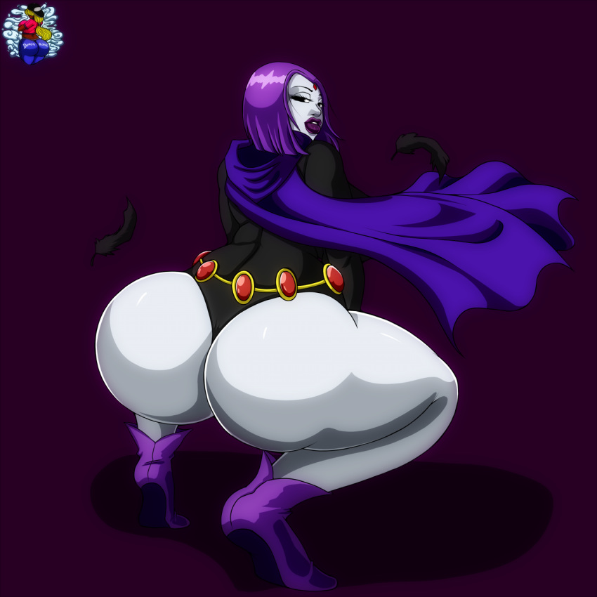 ass cape dat_ass dc_comics demonroyal_(artist) grey_skin leotard looking_back non-nude purple_eyes purple_hair raven_(dc) solo teen_titans