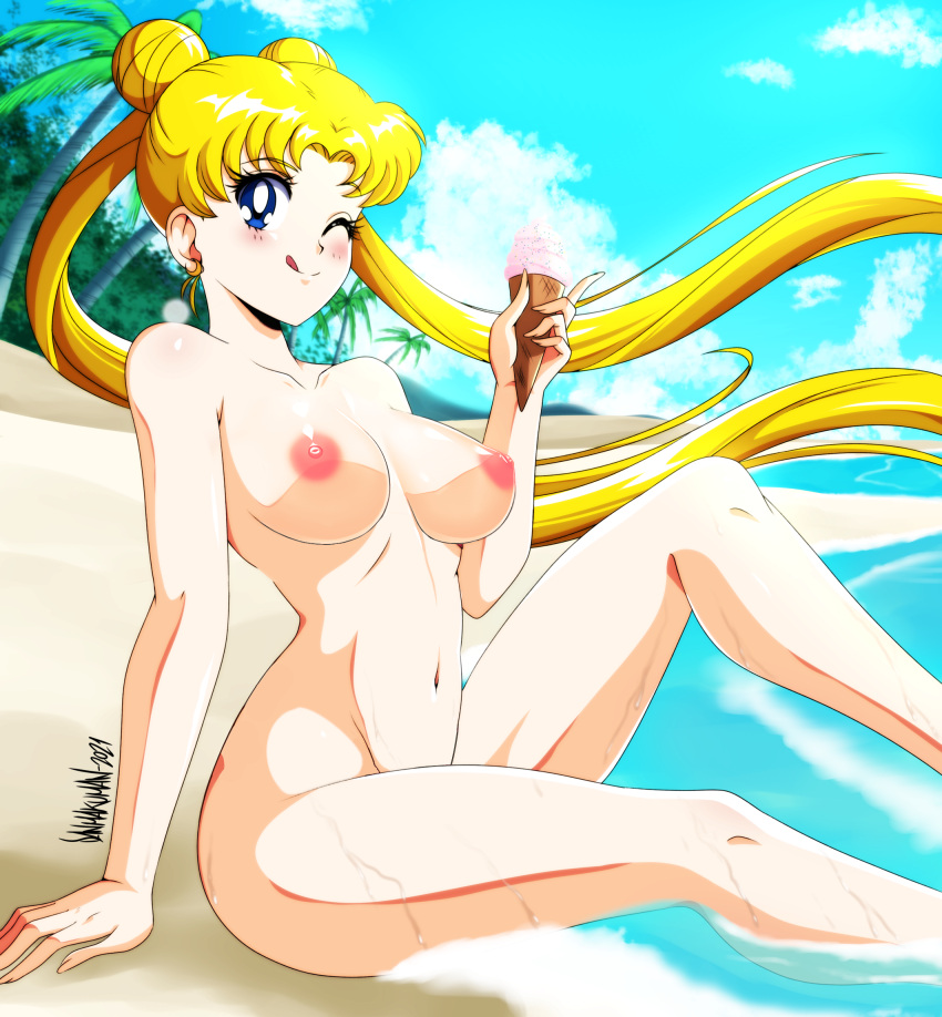 1girl alluring beach bishoujo_senshi_sailor_moon blonde danmakuman edit female_only ice_cream nipples nude nudity usagi_tsukino wink