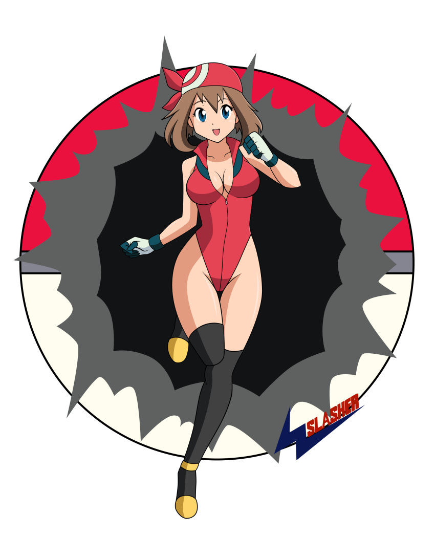 1girl absurdres bandanna bare_shoulders big_breasts black_legwear blue_eyes breasts brown_hair cleavage collarbone female gloves hair_ribbon haruka_(pokemon) highleg highleg_leotard highres large_breasts legs leotard looking_at_viewer may open_mouth poke_ball pokemon pokemon_(game) pokemon_rse ribbon running shoes short_hair sleeveless solo thighhighs thighs wslasher yellow_shoes zipper