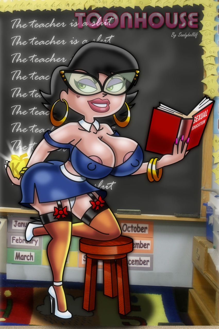 apple areola_slip areolae big_breasts book bow breasts eleanor_butterbean english_text food fruit glasses ms._butterbean sandybelldf smile solo teacher text the_grim_adventures_of_billy_and_mandy