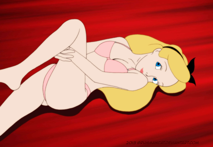 1girl 1girl alice alice_(disney) alice_in_wonderland alice_in_wonderland_(disney) alluring bra disney grummancat lying_on_back panties