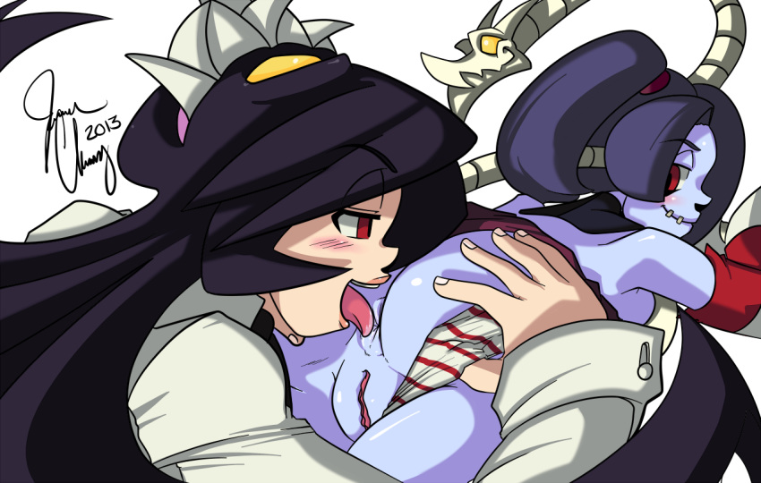 2girls anilingus ass bent_over black_hair blue_hair blue_skin blush detached_collar detached_sleeves extra_mouth filia_(skullgirls) futakuchi-onna hair_over_one_eye leviathan_(skullgirls) lips long_hair multiple_girls panties panties_aside pussy radlionheart red_eyes samson_(skullgirls) school_uniform side_ponytail sienna_contiello signature skullgirls smile source_request squigly_(skullgirls) stitched_mouth striped striped_legwear striped_panties striped_sleeves tongue tongue_out uncensored underwear yellow_eyes yuri zombie zombie_girl