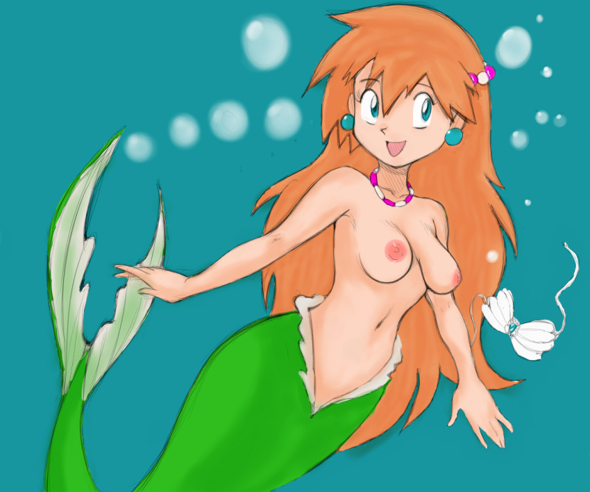 1girl 6:5 accessory alternate_species animal_humanoid areola blue_eyes bra bra_removed breasts bubble clothing discarded_clothing ear_piercing eyebrows eyelashes female female_only fish fish_humanoid fluffy_hair green_background green_body green_scales green_tail gym_leader hair hair_accessory humanoid humanoid_hands jewelry kasumi_(pokemon) long_hair marine marine_humanoid merfolk mermaid_misty_(pokemon) mermaidification misty misty_(pokemon) navel necklace nintendo nipples nude open_mouth open_smile orange_hair pale_skin piercing pink_areola pink_nipples pink_tongue pokemon pokemon_trainer scales seashell_bra simple_background slim smile solo_female split_form swimming tail tongue underwater underwear water