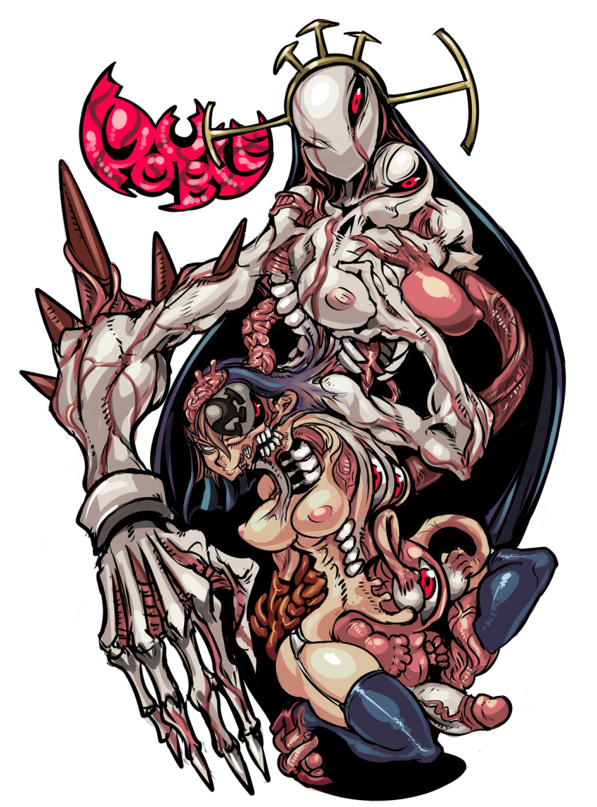 1girl black_sclera blonde_hair breasts character_name closed_eyes crown double_(skullgirls) dual_persona eldritch_abomination english extra_breasts extra_eyes eyes futanari garter_belt habit hair high_heels highres hips intersex large_breasts monster mutant nipples nude nun one_eye_closed panties penis red_eyes shoes simple_background size_difference skullgirls smile tagane teeth tentacle thighhighs underwear veins what white_background white_eyes white_panties wide_hips wink wtf