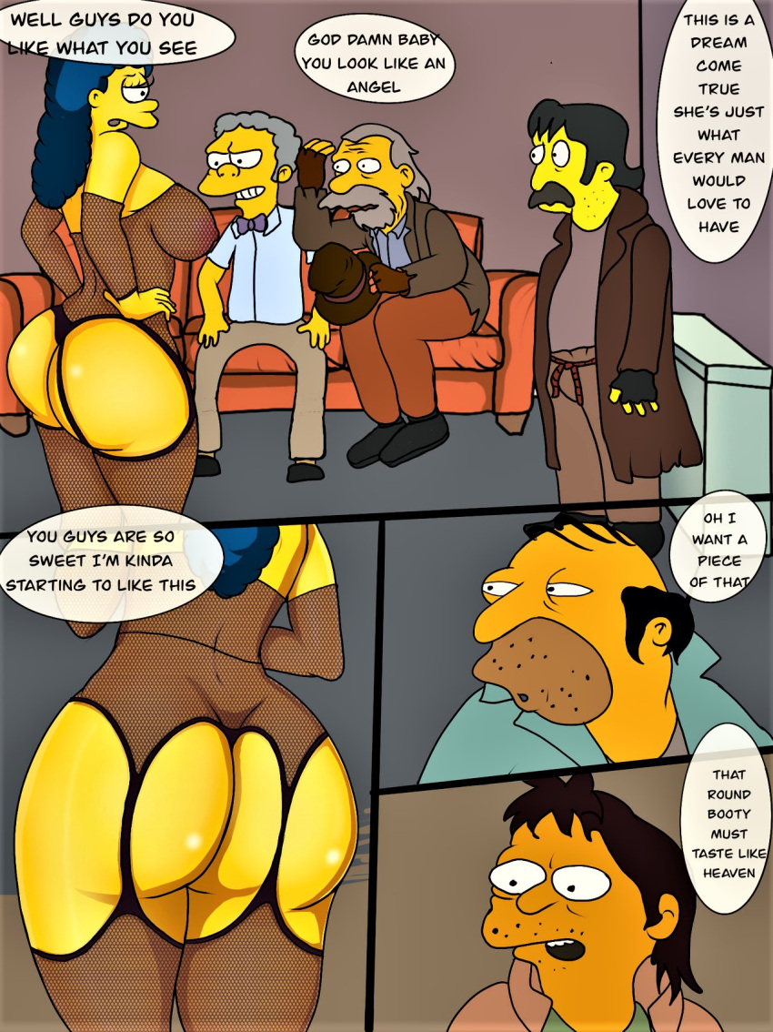 ass big_breasts blushing bodystocking cartoon_milf cheating_wife cleavage embarrassed erect_nipples huge_breasts imminent_gangbang imminent_sex jona818 marge_simpson moe_szyslak nipples see-through stockings the_simpsons thighs yellow_skin