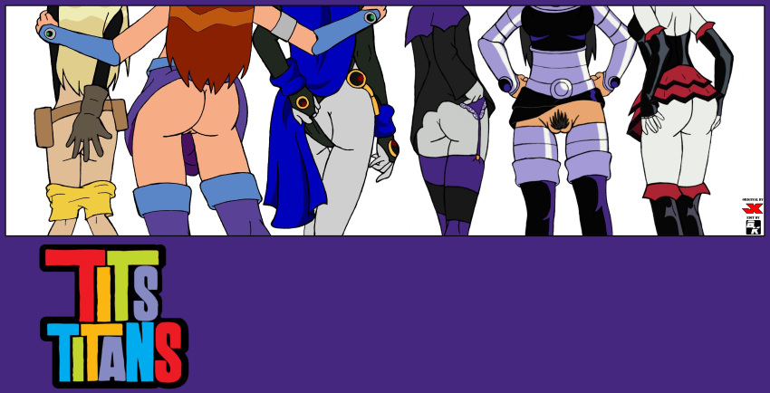 argent ass backblast blackfire bottomless dc_comics dcau from_behind jinx jk panties_aside pubic_hair raven_(dc) starfire teen_titans terra