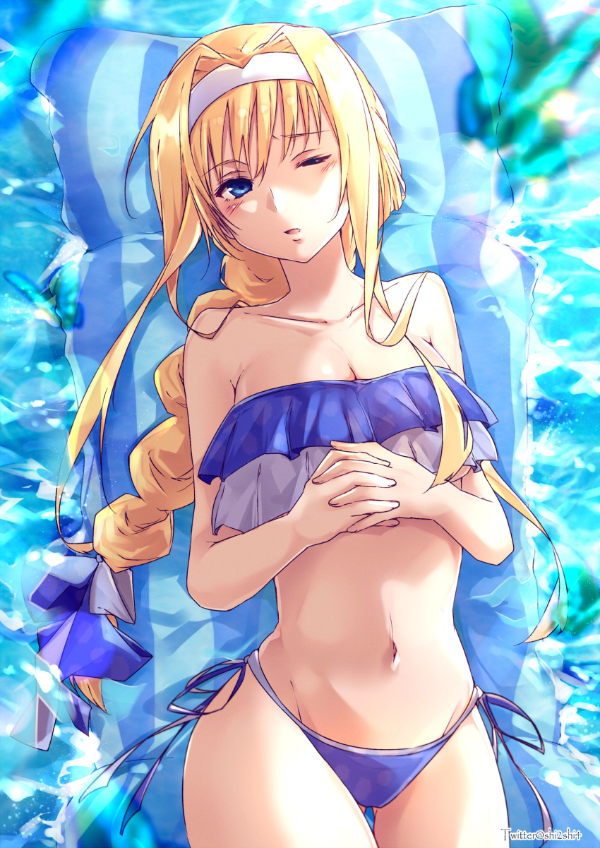 1girl alice_schuberg alluring blue_eyes inflatable_raft pool shi-2 sling_bikini swimming_pool sword_art_online