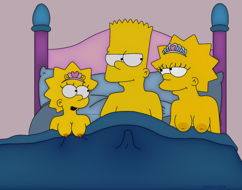 bart_simpson bed big_breasts brother_and_sister implied_incest incest inverted_nipples large_areolae lisa_simpson lisalover looking_at_another maggie_simpson pointy_nipples seductive_smile the_simpsons threesome tiara yellow_skin