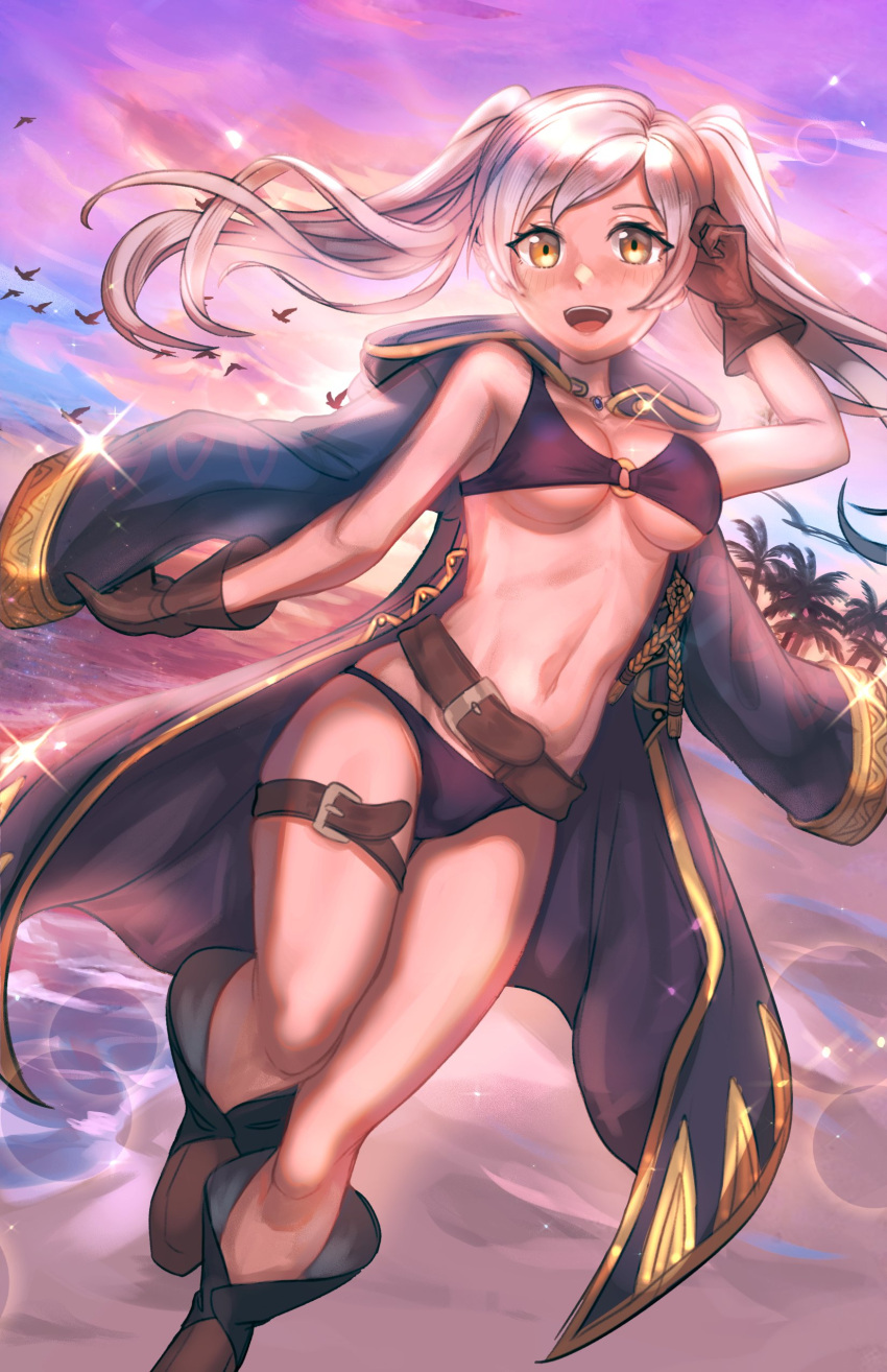 1girl 1girl 1girl alluring alternate_costume bikini breasts cleavage female_only fire_emblem fire_emblem_awakening fire_emblem_heroes looking_at_viewer martypcsr medium_breasts nintendo official_alternate_costume open_mouth purple_bikini purple_swimsuit robin_(fire_emblem) robin_(fire_emblem)_(female) robin_(summer)_(fire_emblem)_(female) smile swimsuit under_boob