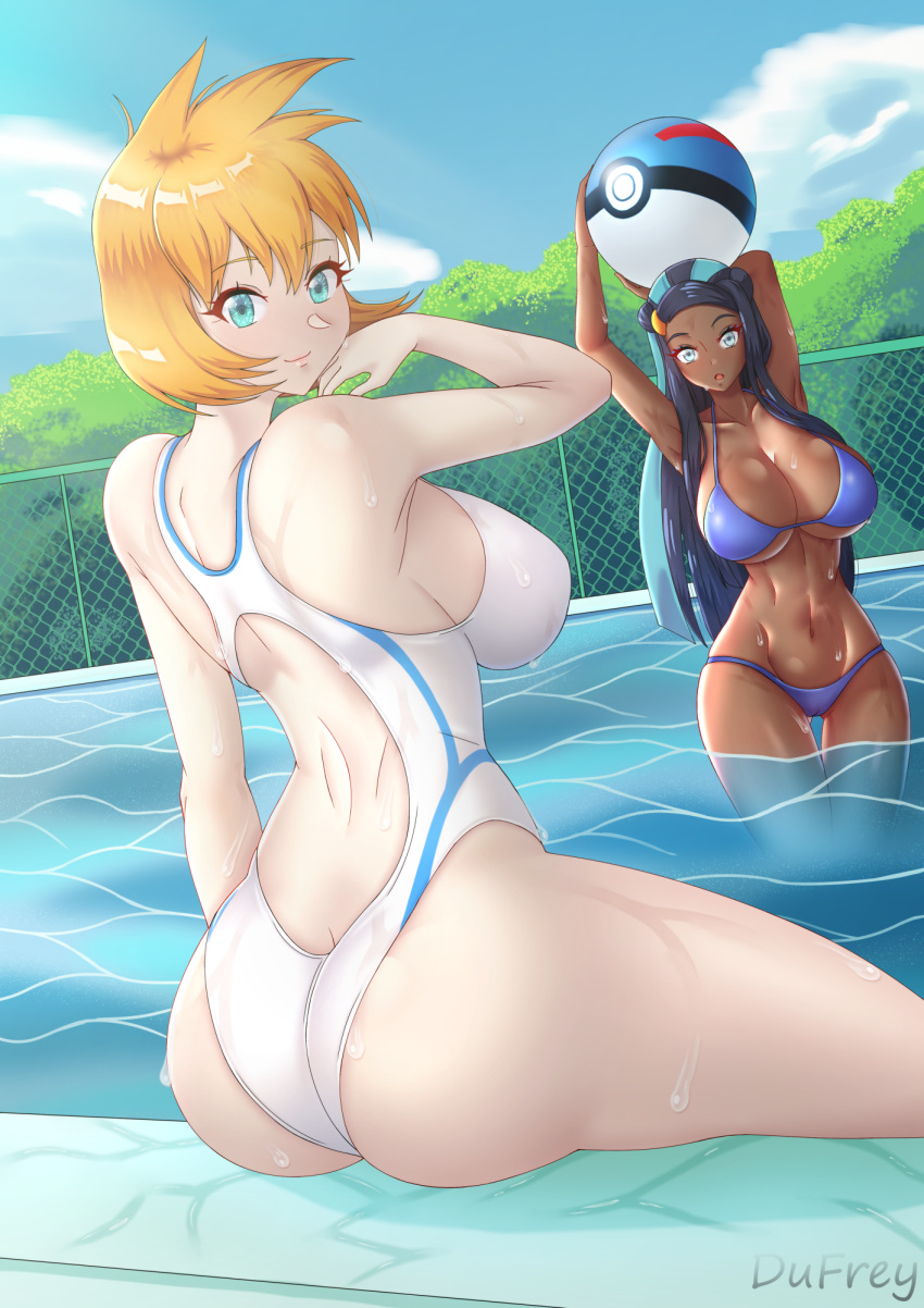 2_girls alluring alternate_breast_size artist_name ass athletic_female back big_breasts bikini blue_bikini blue_eyes blush breasts butt_crack cleavage competition_swimsuit creatures_(company) curvy dark-skinned_female dark_skin dufreyjupiter eyelashes eyeshadow female_abs female_focus fit_female game_freak green_eyes hair_ornament high_res huge_ass huge_breasts long_hair makeup midriff misty misty_(pokemon) multicolored_hair multiple_girls nessa_(pokemon) nintendo one-piece_swimsuit orange_hair pokemon pokemon_(game) pokemon_hgss pokemon_swsh ponytail pool short_hair sideboob sitting standing swimming_pool swimsuit thick_thighs thighs tied_hair two-tone_hair under_boob water wet white_swimsuit wide_hips