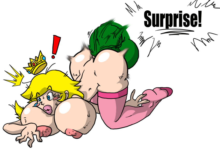 ass ass_up big_lips bimbofication blonde_hair blue_eyes bowser ckt cricket-inc crown huge_breasts huge_nipples leggings nintendo princess_peach super_mario_bros. surprise_buttsex surprised_expression thegeckodemon