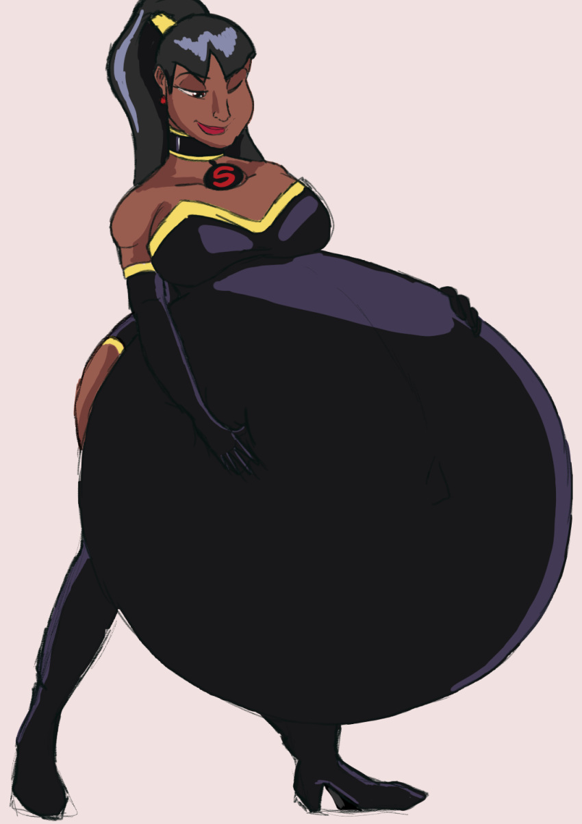 berry-duke96 black_hair brown_eyes dc_comics hyper_pregnancy ponytail pregnant pregnant_belly pregnant_female superwoman wink