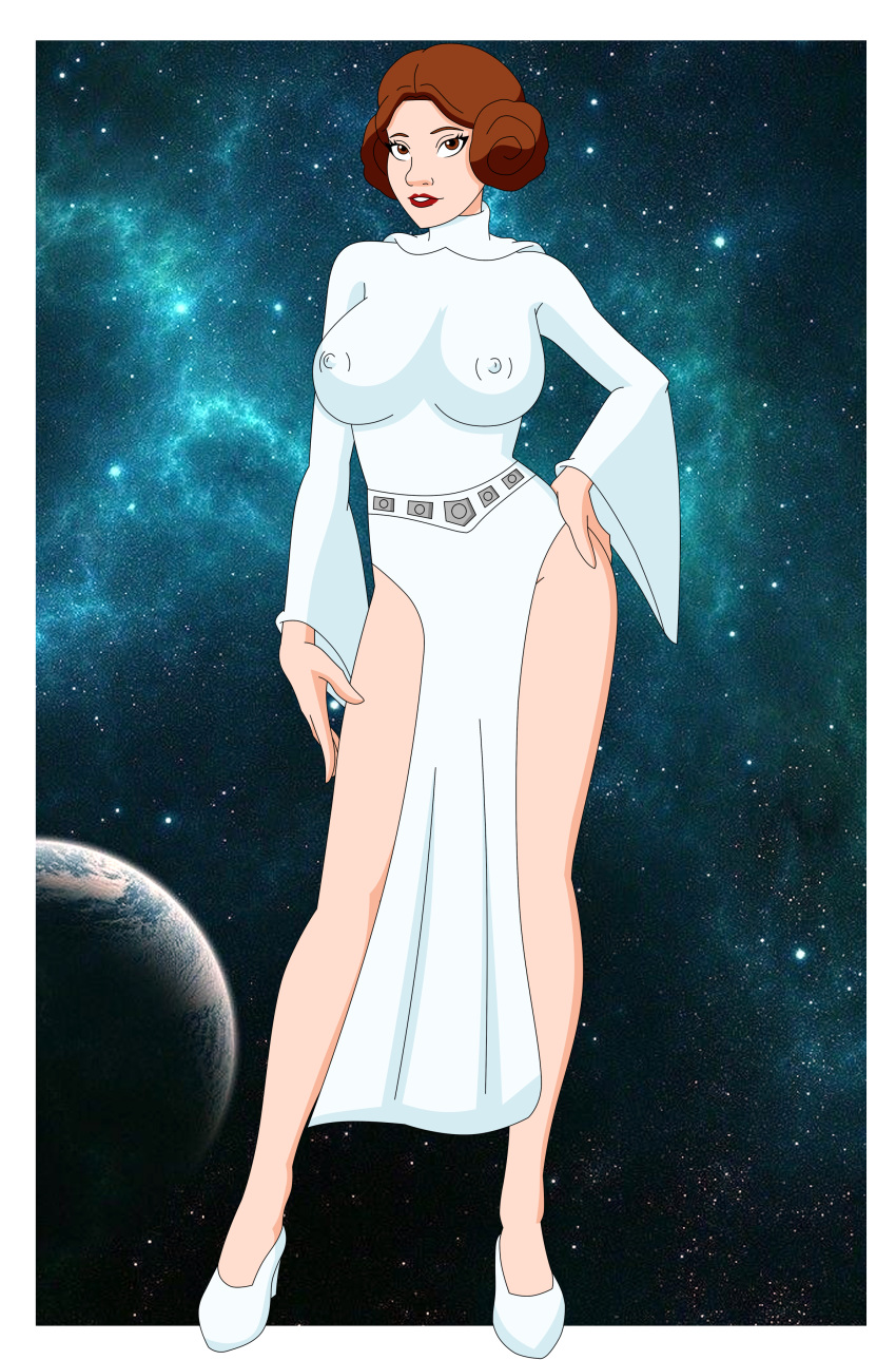 1girl a_new_hope big_breasts breasts brown_eyes brown_hair dress erect_nipples female female_only full_body nipples no_bra no_panties_implied pervyangel princess_leia_organa solo solo_female standing star_wars white_dress