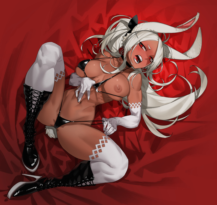 1girl 1girl animal_ears blush boots breast_slip breasts bunny_ears bunny_tail choker clothing dark-skinned_female dark_skin elbow_gloves footwear gaak11977 gloves high_heel_boots high_heels high_resolution large_filesize long_hair looking_at_viewer mirko miruko_(boku_no_hero_academia) muscle muscular_female my_hero_academia nipples one_breast_out_of_clothes open_mouth rabbit_girl red_eyes ribbon sharp_teeth shoes spread_legs stockings tail tied_hair tongue tongue_out usagiyama_rumi very_high_resolution white_hair