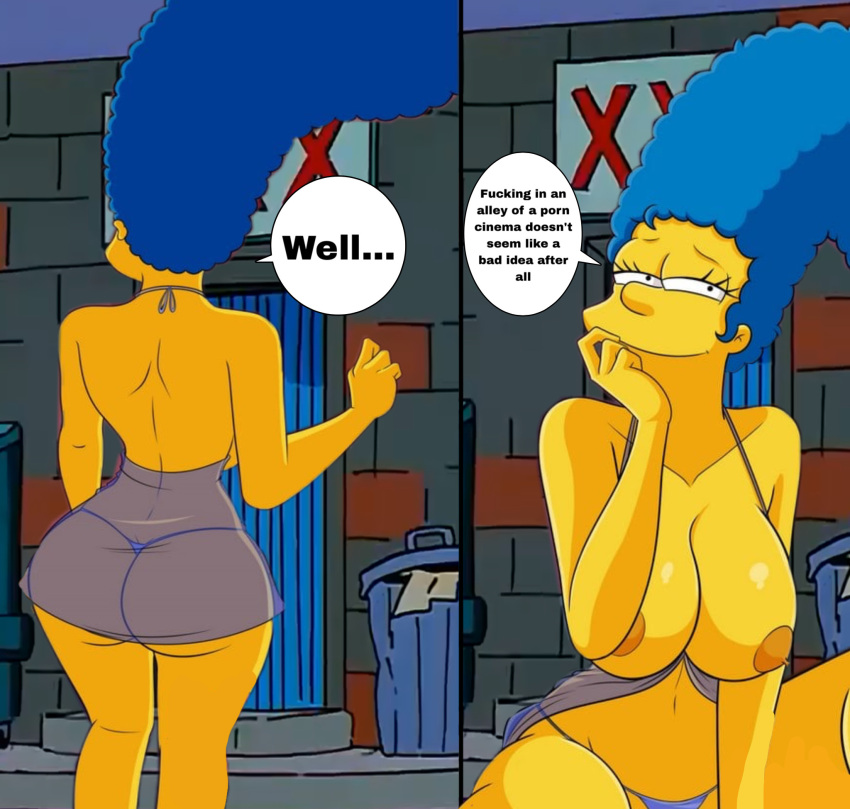 alley big_ass big_breasts big_nipples blue_hair breasts_outside croc_(artist) lingerie marge_simpson milf porn_star the_simpsons theater yellow_skin