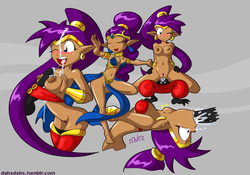 belly_dancing big_breasts blue_eyes breasts cum dahs fellatio hair nipples nude oral paizuri ponytail purple_hair shantae shantae_(character) wink