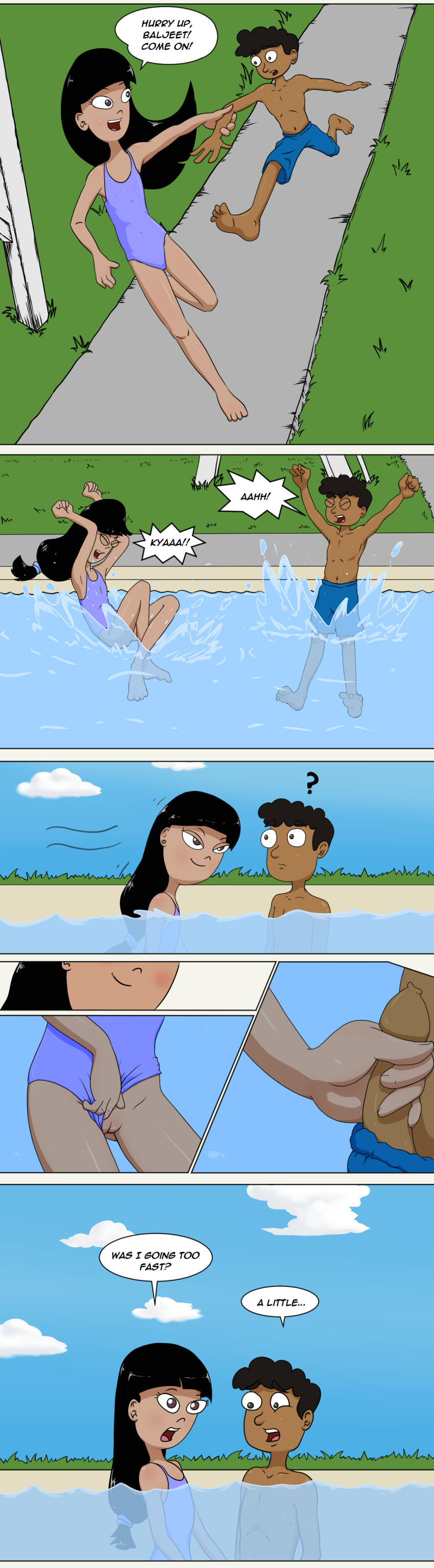 1boy 1girl baljeet cheesekun comic fireside_girls ginger_hirano handjob male/female phineas_and_ferb pool tagme tall_image