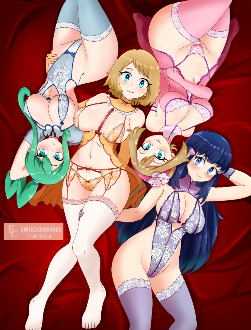 1girl 4girls alluring alternate_version_available areola areolae_visible_through_clothing big_breasts blue_eyes blue_hair blue_thighhighs blush breasts brown_hair cleavage dawn_(pokemon) emixxcerberus female_only game_freak green_eyes green_hair hair hand_behind_head hand_on_hip hand_on_thigh hips huge_breasts lace lace-trimmed_bra lace-trimmed_garter_belt lace-trimmed_legwear lace-trimmed_panties lace-trimmed_thighhighs lace_trim legwear lingerie lisia_(pokemon) long_hair may_(pokemon) nightgown pink_nightgown pink_thighhighs pokemon pokemon_dppt pokemon_oras pokemon_rse pokemon_xy ponytail purple_thighhighs serena_(pokemon) short_hair smile stockings thick_thighs thighs white_thighhighs yellow_bra