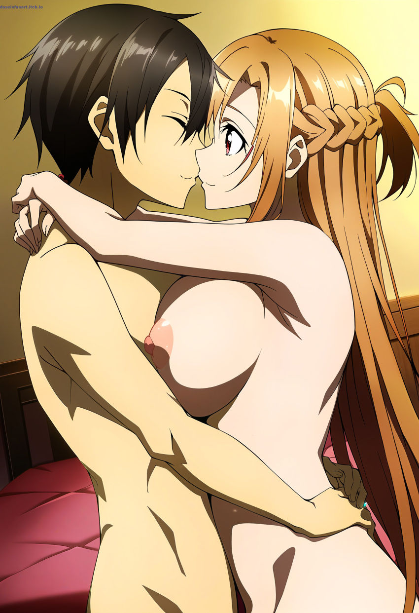 1boy 1girl asuna_(sao) auburn_hair before_kissing before_sex big_breasts black_hair brown_eyes canon_couple dasein embracing_another imminent_sex kirito nude sword_art_online