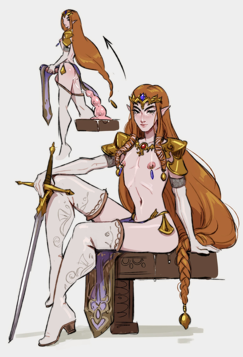 androgynous brown_hair crown dildo femboy genderswap genderswap_(ftm) nipple_piercing pointy_ears princess_zelda ripushko sword the_legend_of_zelda trap