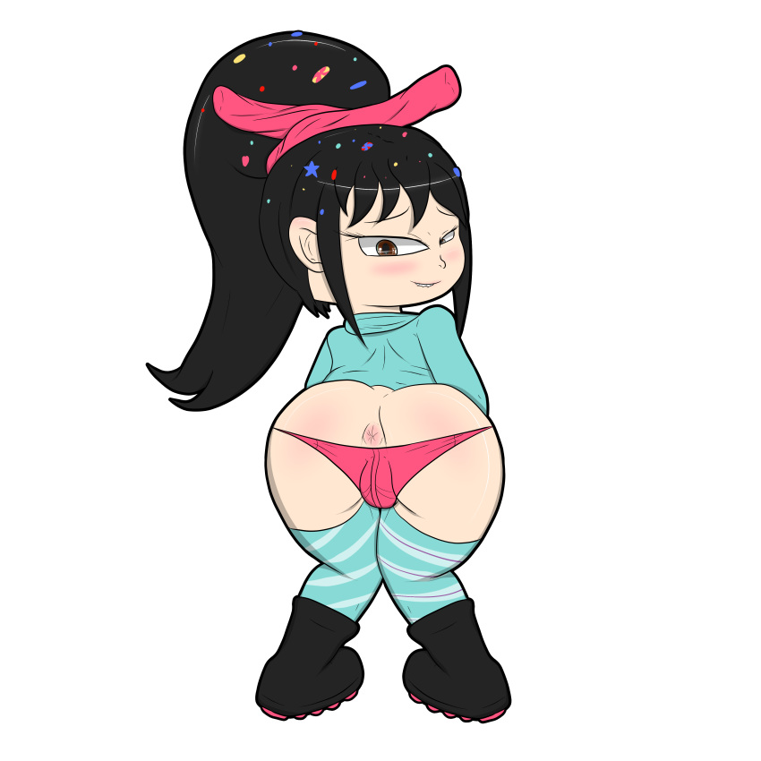 anus ass black_hair bluelimelight disney hazel_eyes looking_back smile solo thong vanellope_von_schweetz wreck-it_ralph