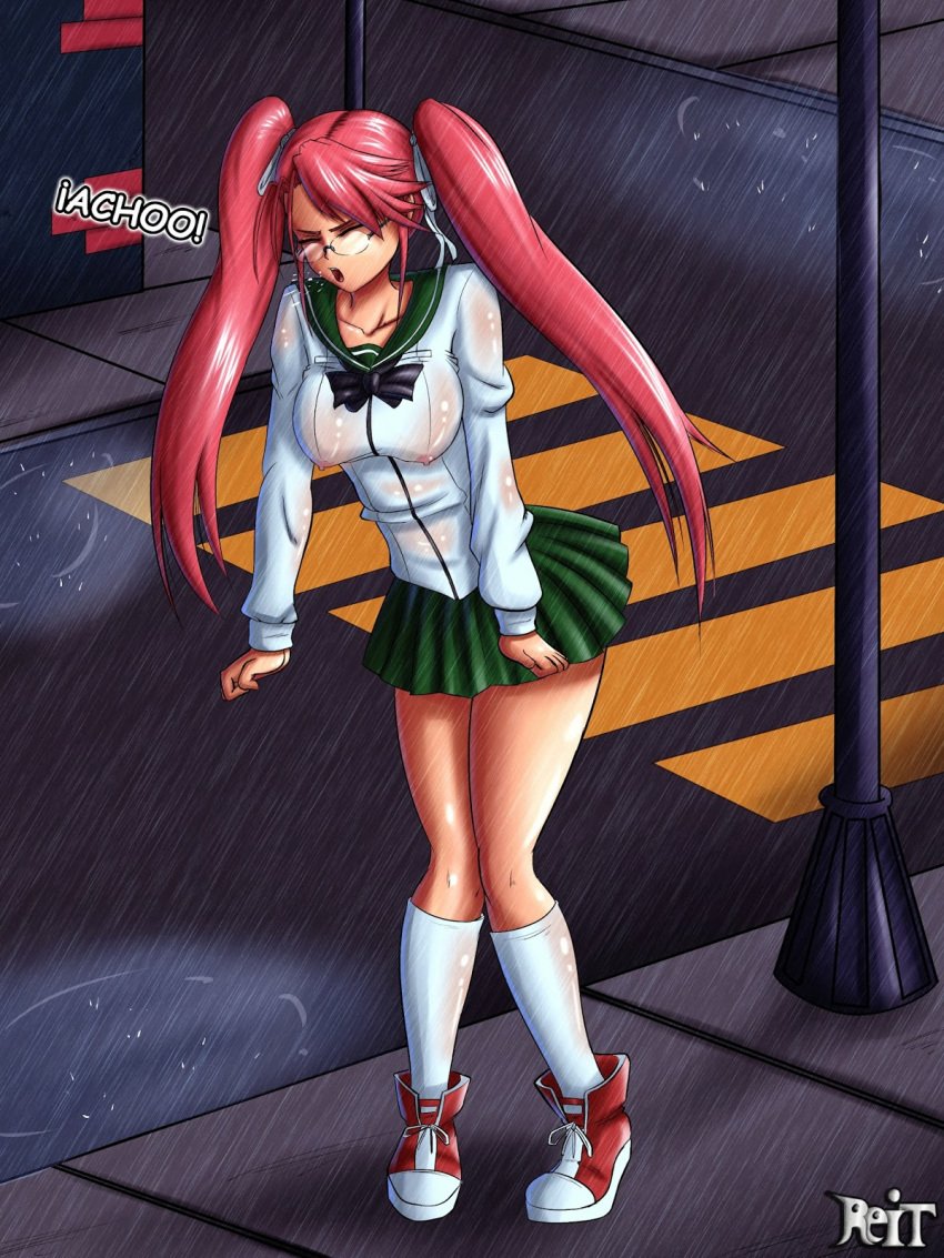 big_breasts breasts highschool_of_the_dead nipples rain reit saya_takagi school_uniform schoolgirl solo wet