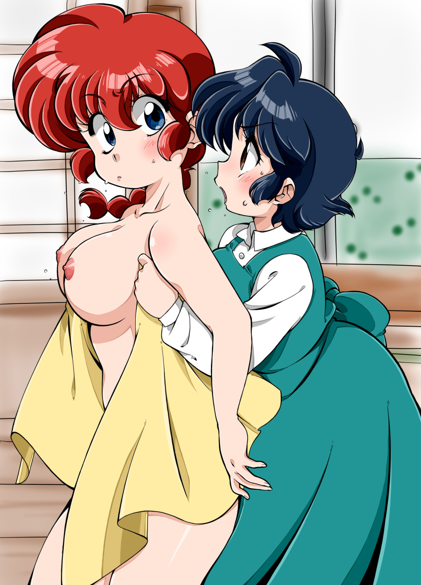 2girls absurdres akane_tendo areolae big_breasts blue_eyes blue_hair blush braid breasts brown_eyes closed_mouth convenient_censoring genderswap hair highres indoors large_breasts looking_at_another multiple_girls nipples nude open_mouth ranko ranma_1/2 ranma_saotome red_hair school_uniform short_hair single_braid standing suzusato_rinka sweat topless towel turning_head