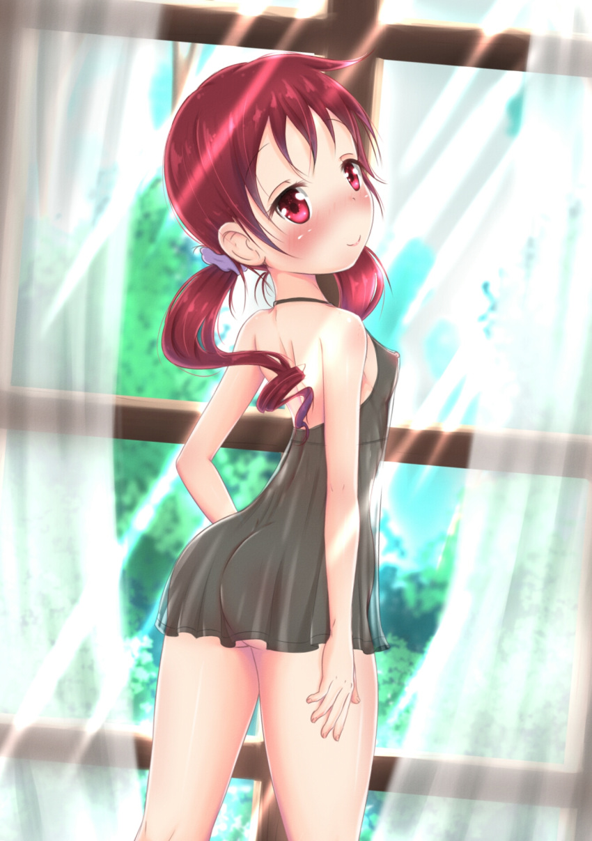 1girl ass breasts erect_nipples ether-core female_only gochuumon_wa_usagi_desu_ka? is_the_order_a_rabbit? looking_back megumi_natsu nipples pigtails red_hair redhead see-through smile solo_female window