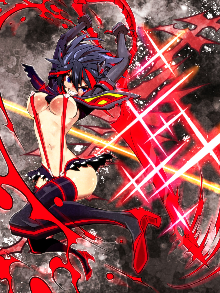 1girl absurd_res absurdres black_hair blue_eyes blush boots breasts clenched_teeth gloves high_heel_boots high_heels high_res highres jin_(artist) jin_(mugenjin) jumping kill_la_kill living_clothes matoi_ryuuko midriff multicolored_hair red_hair revealing_clothes school_uniform scissor_blade senketsu short_hair skirt solo stockings suspenders sword teeth thighhighs two-tone_hair underboob weapon