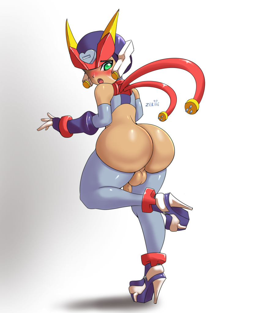 1boy ass balls big_ass blush bottomless capcom dark_skin embarrassed femboy girly gloves green_eyes grey_(mega_man_zx) grey_thighhighs high_heels high_resolution huge_ass large_ass mega_man mega_man_zx partially_clothed penis small_penis stockings thick_ass thick_thighs thigh_gap thighs trap watermark white_background zeriie