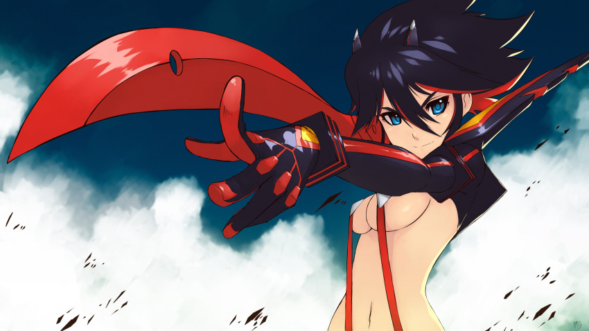 1girl black_hair blue_eyes breasts cloud cloudy_sky hell_machina hell_machina_(1009056) high_res highres kill_la_kill living_clothes matoi_ryuuko multicolored_hair navel school_uniform scissor_blade senketsu short_hair sky smile solo suspenders two-tone_hair weapon