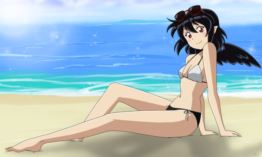 1female 1girl 1girl aya_shameimaru beach bikini bikini_bottom bikini_top crow patreon patreon_reward remyfive_(artist) seaside small_breasts smile sunbathing sunglasses sunglasses_on_head tengu touhou touhou_project wings