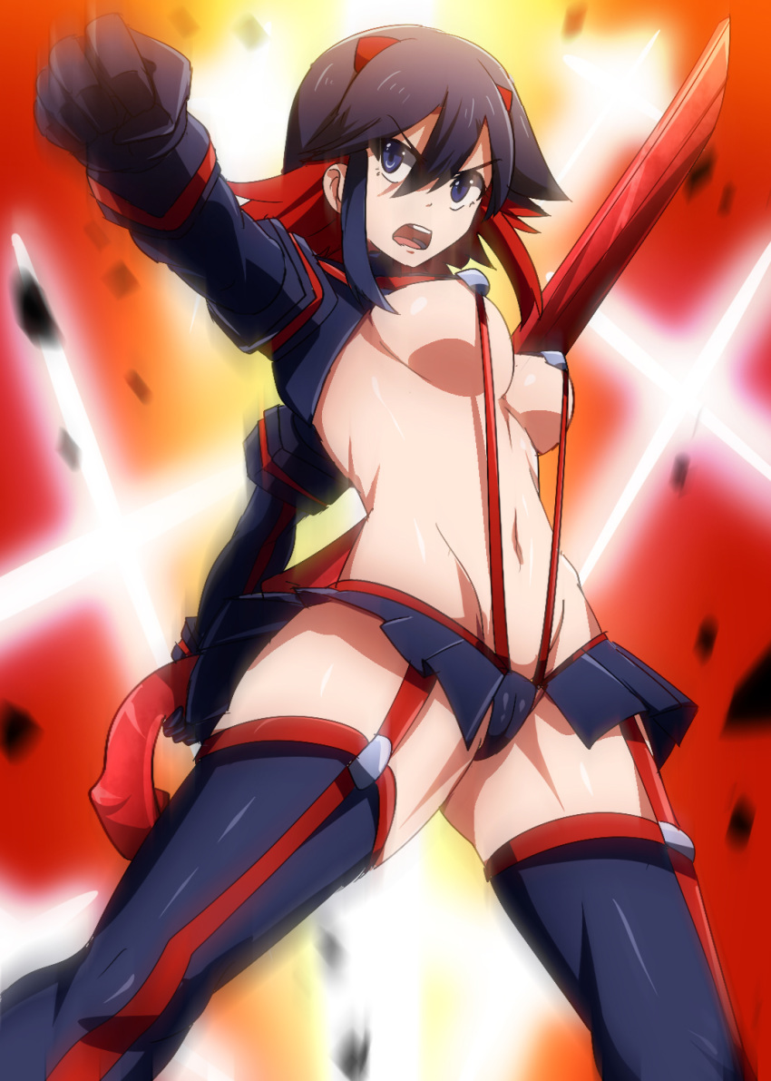 1girl black_gloves black_hair black_legwear blue_eyes breasts clenched_hand fist garter_straps gauntlets gloves highres kill_la_kill matoi_ryuuko midriff miniskirt multicolored_hair navel no_bra open_mouth red_hair revealing_clothes scissor_blade senketsu sideboob skirt sling_bikini solo suspenders swimsuit sword thighhighs two-tone_hair umakatsuhai underboob weapon