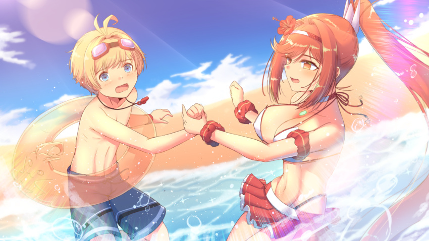 1boy 1girl alluring beach big_breasts bikini blonde_hair blue_eyes canon_couple cleavage glimmer_(xenoblade) goggles inflatable_tube kimagure_ilya nikol_(xenoblade) nintendo ocean orange_eyes red_hair swimming_trunks xenoblade_(series) xenoblade_chronicles_3 xenoblade_chronicles_3:_future_redeemed